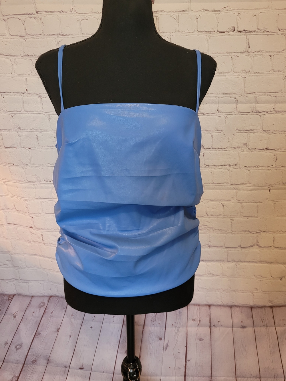 Buddy Love Bright Sky Blue Size Lage Faux Leather Spaghetti Strap Sexy Moto Top